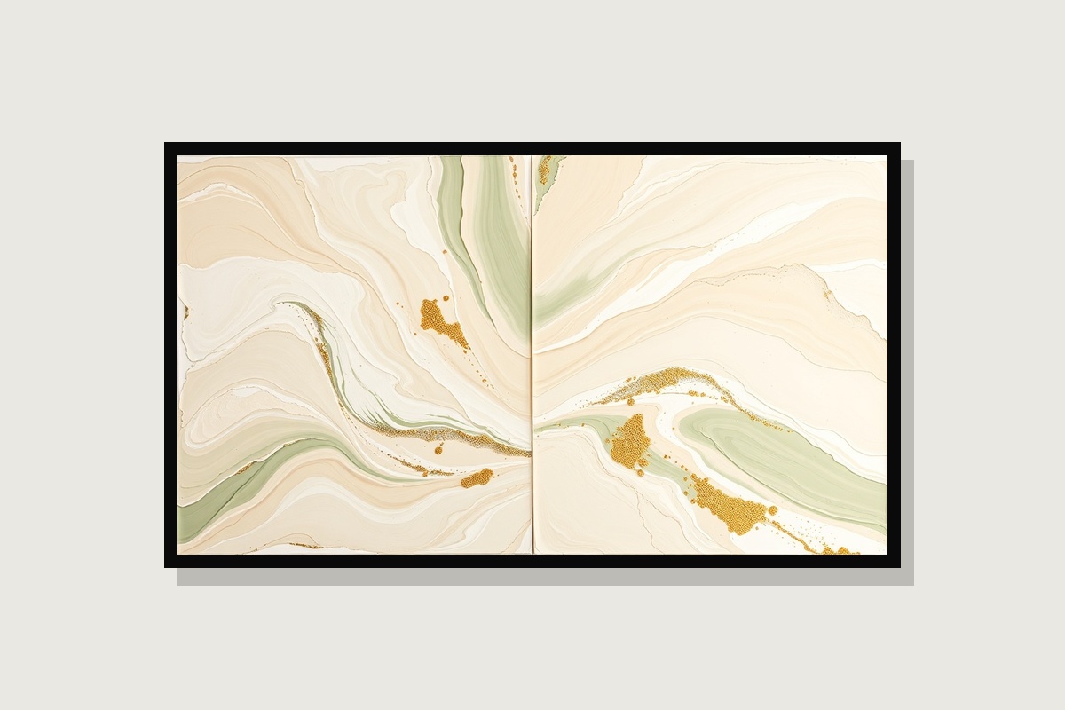 Beige Cream Sage Green Abstract Art Prints | Modern Fluid Brushstroke Diptych | Textured Wall Decor